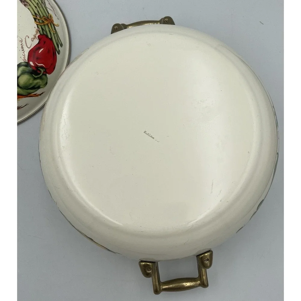 Vtg 3 Qt Farmers Market Enamel Ware Casserole Pot Brass Handles Vegetable Motif